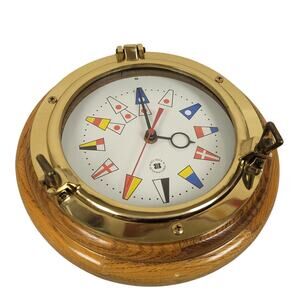 Bey-Berk Lacquered Oak Wood Brass Porthole Quartz Clock w/ Nautical Flags Dial